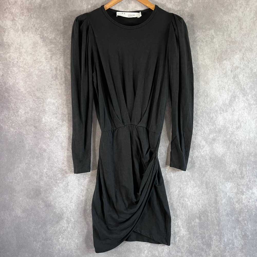 IRO Mini Dress Womens XS Black Draped Long Sleeve Puff Shoulder Tulip Skirt